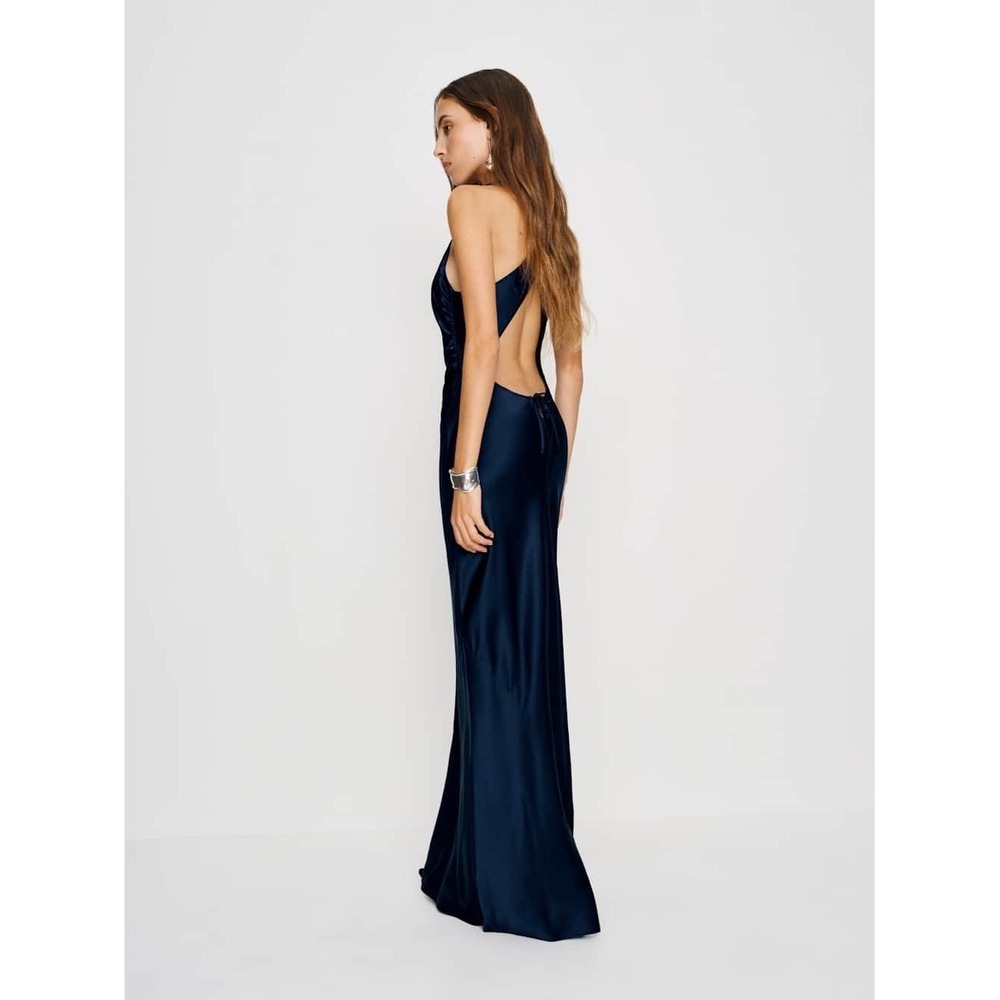 Reformation Anais Silk Maxi Dress Navy Blue Open Back High Neck Formal Gown NEW - Picture 3 of 7